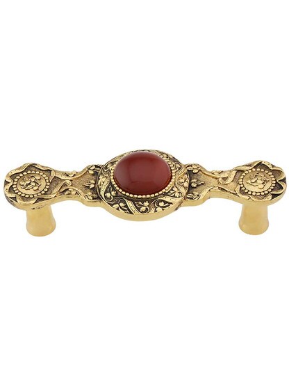 Victorian Jewel Pull Inset with Red Carnelian - 3 inch Center-to-Center in 24K Gold Plate.